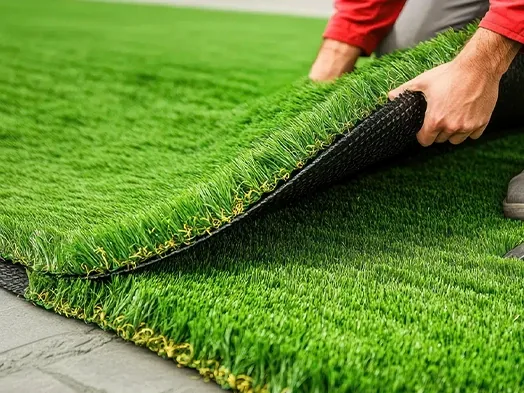 Relva artificial em jardim com piscina